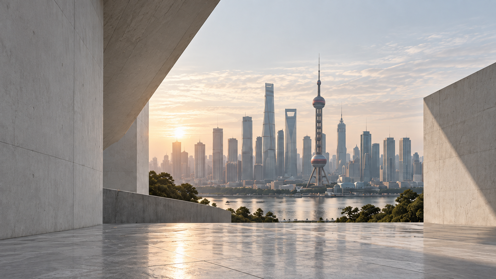 现代建筑框景中的城市天际线